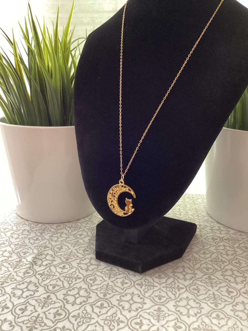 Filigree Cat on Moon Pendant